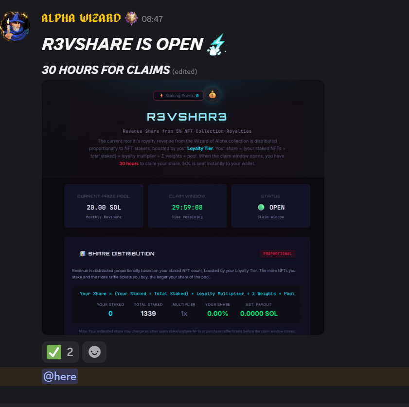 Wizard_Of_Alpha's tweet photo. R3VSHARE IS OPEN 🧙‍♂️

30 Hours For Claims
20 SOL For this Month
Stake &amp; Learn &amp; Earn
Wizard Of Alpha NFT

#Solananft #NFTauction #Nftcommunity https://t.co/kVdIuTdcRj
