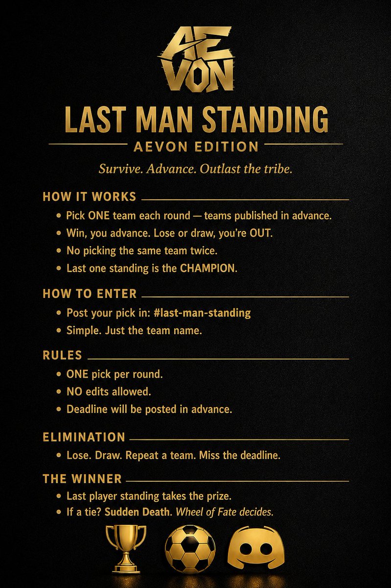 AevonNFT's tweet photo. Good morning all 👋🏼
Happy Weekend 🙌🏼
Don’t forget to join our Discord to play our EPL version of ‘Last Man Standing’
Monthly prizes across multiple projects available!! https://t.co/erXauUmyEG
