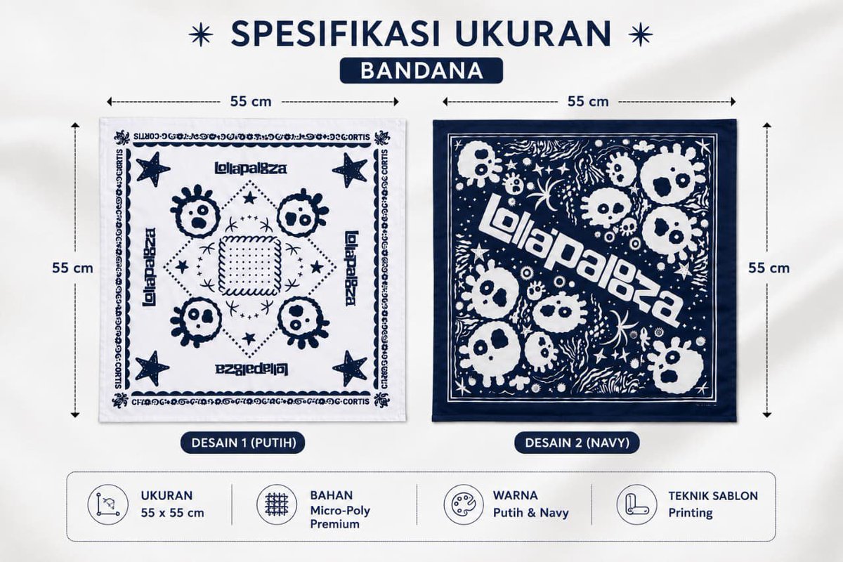 fraafida's tweet photo. *PRE-ORDER BANDANA CORTIS LOLLAPALOOZA*

🇮🇩 PO INA
📆 Close 28 Agustus 2026
💳 Payment after close
🌹Fanmade size 55 x 55 cm
🌹Bahan Bandana: micro poly.
     Jadi licin dan tidak membuat gerah
🏷️ White Edition 45.000 DP 35.000
🏷️ Navy Edition 45.000 DP 35.000 https://t.co/VH1FBxzCS7
