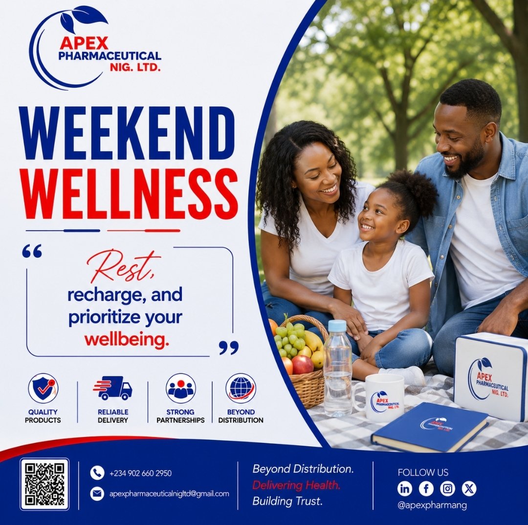 MujahidIsmaill's tweet photo. Weekend Wellness
Rest recharge and prioritize your wellbeing.
Apex Pharma, Beyond Distribution. Delivering Health.Building Trust.
#WeekendWellness #weekend #QualityAssurance #healthandwellness https://t.co/DVtdupTqTa