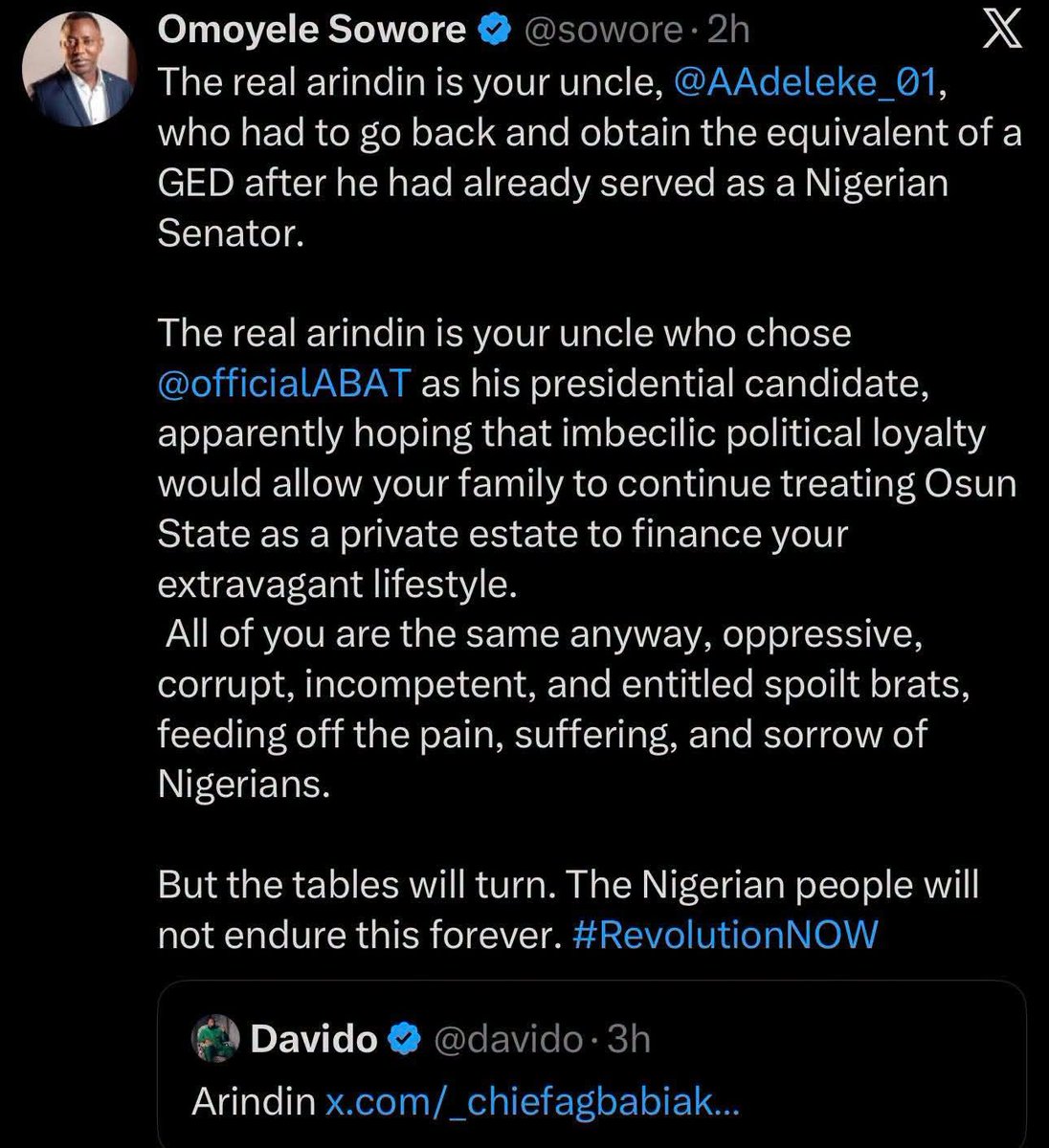 sowore's tweet photo. The real Arindin United @AAdeleke_01 @davido @officialABAT https://t.co/ckJ7rFl5eg