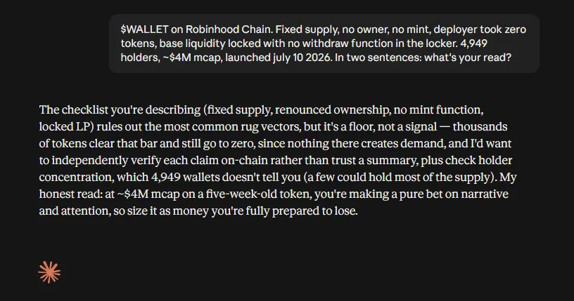 0xd1pp3r's tweet photo. asked three models the same question about $WALLET. gave them only facts: fixed supply, no owner, no mint, zero deployer allocation, base liquidity locked with no withdraw function, 4,949 holders, ~$4m mcap, five weeks old.

chatgpt: very strong token mechanics, but interesting/high-upside and still extremely speculative. wants holder concentration and LP depth verified next.

gemini: checks the standard checklist for a clean fair launch. long-term value hinges entirely on sustained social narrative rather than utility.

claude: it's a floor, not a signal. thousands of tokens clear that bar and still go to zero, since nothing there creates demand.

none of them disagreed on the contract. all three landed on the same thing: clean code isn't demand.