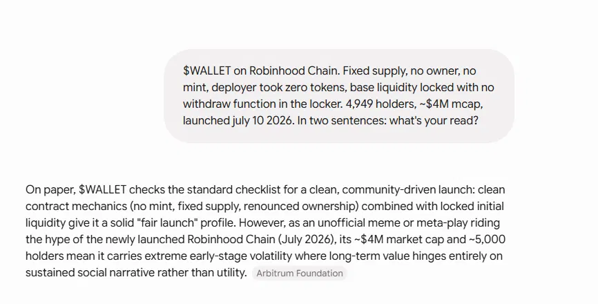 0xd1pp3r's tweet photo. asked three models the same question about $WALLET. gave them only facts: fixed supply, no owner, no mint, zero deployer allocation, base liquidity locked with no withdraw function, 4,949 holders, ~$4m mcap, five weeks old.

chatgpt: very strong token mechanics, but interesting/high-upside and still extremely speculative. wants holder concentration and LP depth verified next.

gemini: checks the standard checklist for a clean fair launch. long-term value hinges entirely on sustained social narrative rather than utility.

claude: it's a floor, not a signal. thousands of tokens clear that bar and still go to zero, since nothing there creates demand.

none of them disagreed on the contract. all three landed on the same thing: clean code isn't demand.