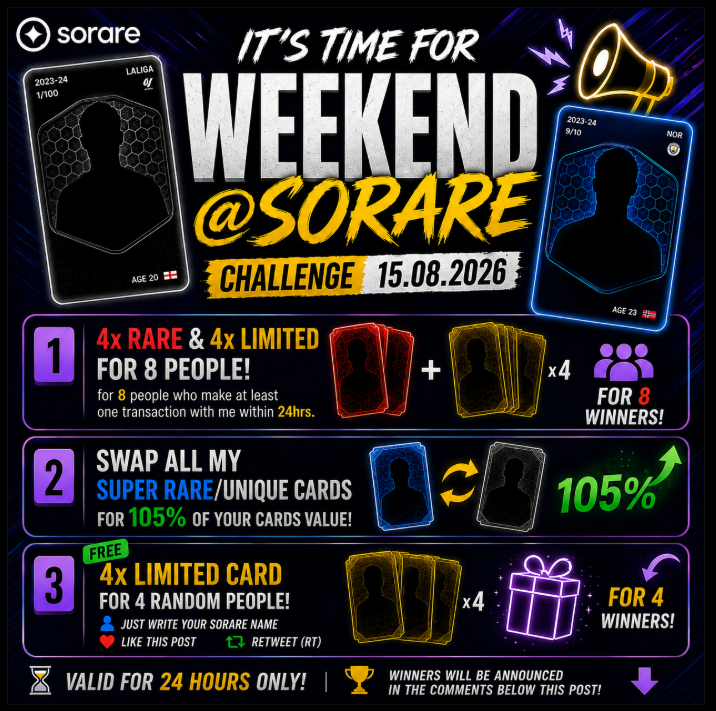 PawelTrader_'s tweet photo. 🔥 IT’S TIME FOR WEEKEND @Sorare Challenge 🔥

📅 15.08.2026

🔝 Make at least 1 transaction with me
🎁 4x RARE + 4x LIMITED — 8 winners!
💰 SWAP my SUPER RARE / UNIQUE cards for 105% of their value!

🎁 4x LIMITED — 4 random winners!
 How to enter 👇
⬇️Drop your Sorare username in the comments
❤️ Like + 🔁 RT

⏰ ONLY 24 HOURS!
🏆 12 WINNERS

RT this and tag your Sorare squad 👀
#Sorare #SorareFootball #SorareNFT #Football