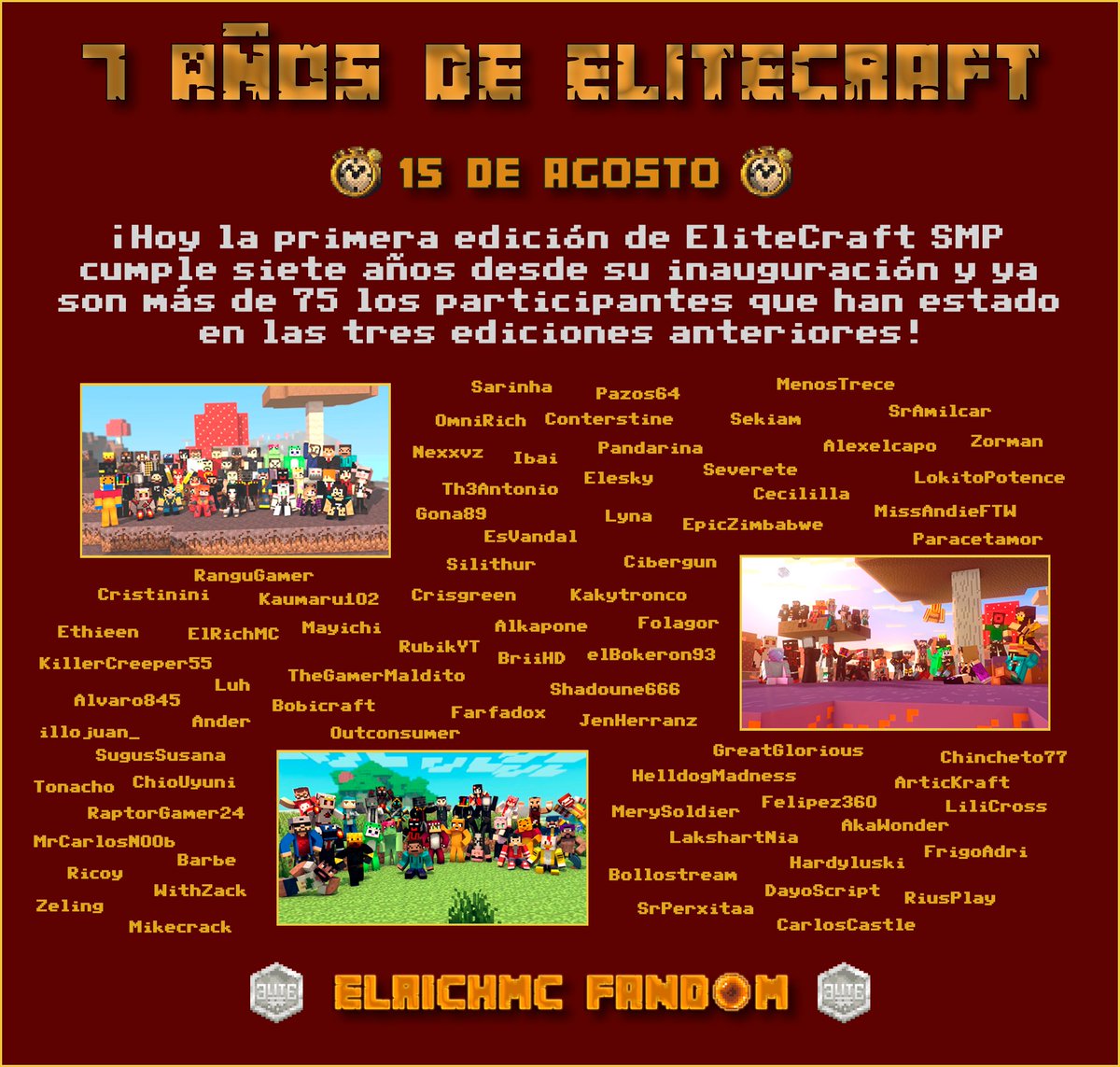 ElRichMCFandom's tweet photo. Han pasado 7 años desde la inauguración de EliteCraftSMP. ¡Feliz aniversario! 🎉 https://t.co/kifDicxEsa