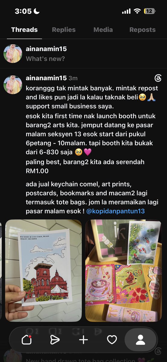 ainamin10's tweet photo. taktau la if my X acc masih boleh dapat engagement ke tak, but hiii. esok i open booth dekat tapak pasar malam seksyen 13. siapa yg minat dengan arts, keychain, art prints, postcards tote bags boleh datang singgah booth kita esok dari 6petang ~ 830 malam yaa 

pls repost tq🥹🙏🏼💖 https://t.co/ZZ8clEIBnj