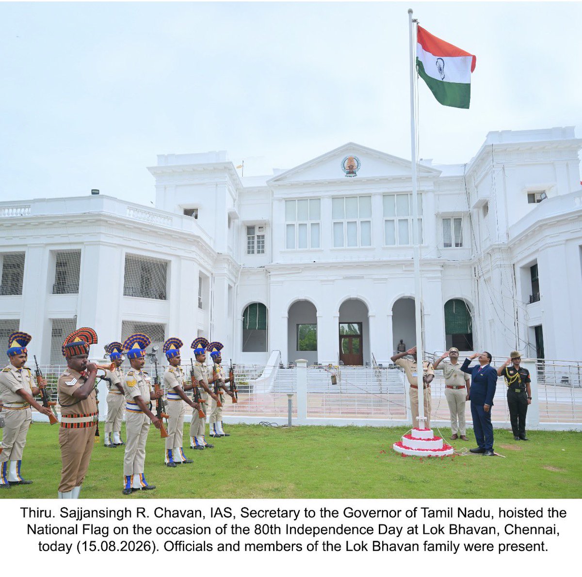 SajjanChavan1's tweet photo. Privileged to hoist the National Flag at Lok Bhavan, Chennai, on the occasion of the 80th Independence Day of India.
For those of us in public service, Independence Day is also a reminder of our responsibility to serve the nation with integrity, dedication and commitment to duty. https://t.co/8JsZeu2Z3L