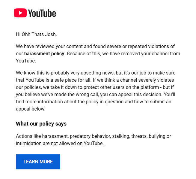 JxshDumm's tweet photo. @TeamYouTube My channel was terminated without prior warnings or strikes, and i would like to request a manual human review of the case. https://t.co/MJYKS1IMvr https://t.co/gsGw2KPc0c