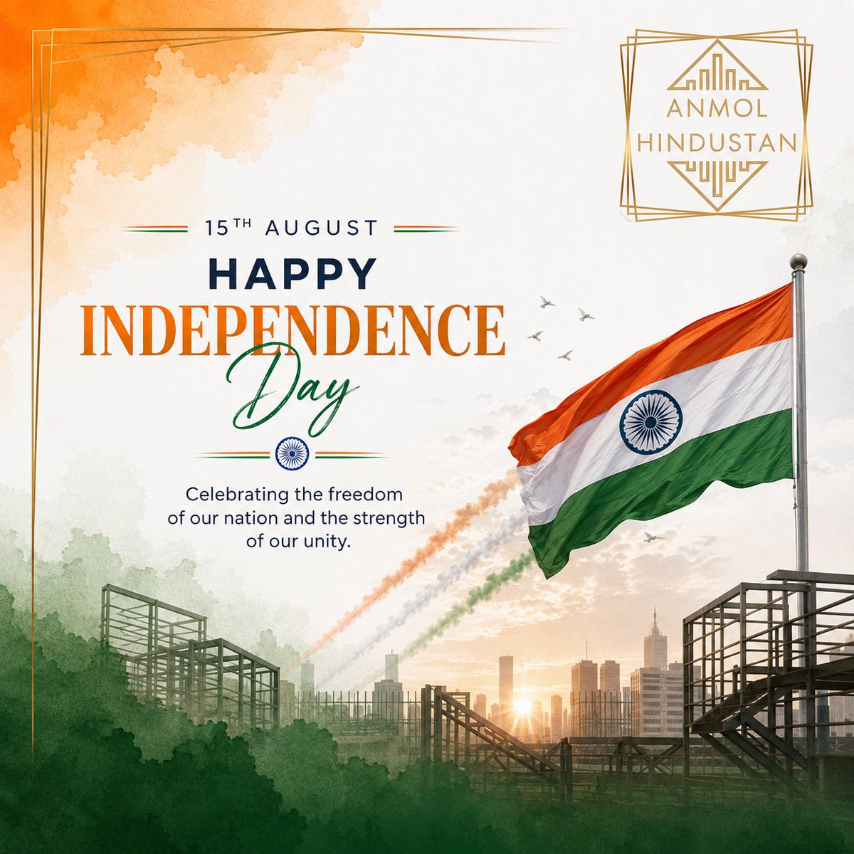 AnmolHindustan's tweet photo. Happy Independence Day!
 
This Independence Day, Anmol Hindustan salutes the brave hearts who protect our nation and celebrates everyone who contributes to building its future.
 
Dream. Build. Serve.
 
#independenceday #jaihind #anmolhindustan #proudindian #happyindependenceday https://t.co/1bCPkChZ9c