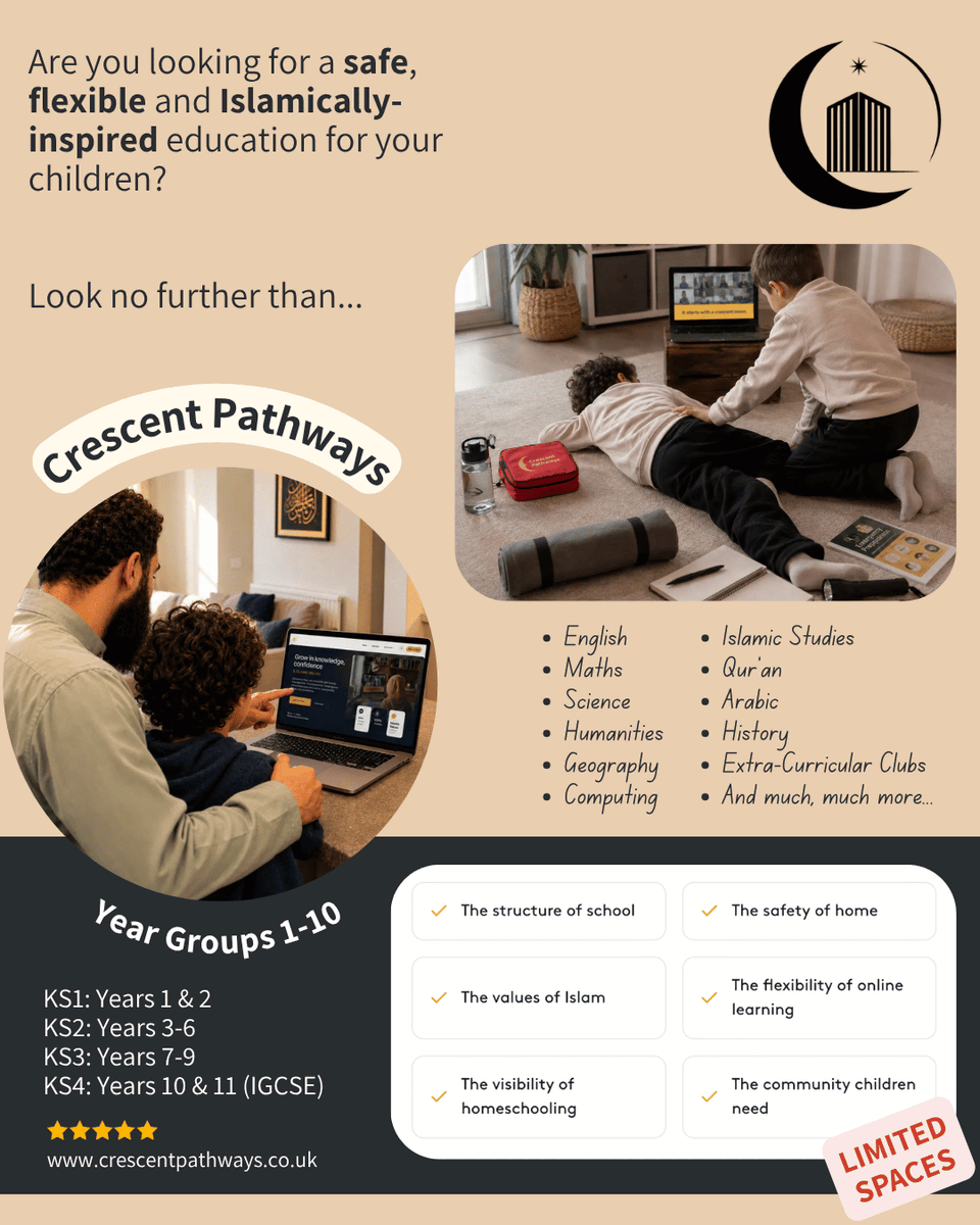 CrescentPaths's tweet photo. ✓ The structure of school
✓ The values of Islam
✓ The visibility of homeschooling
✓ The safety of home
✓ The flexibility of online learning
✓ The community children need https://t.co/TLiST7iTFZ