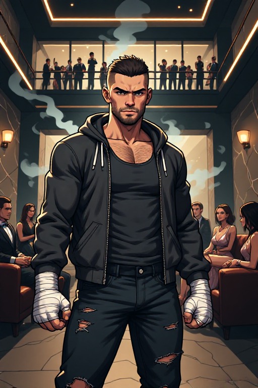 TheMarkofEvil's tweet photo. Clean wraps, dirty business. A sleek Mayfair club plays host to street rules. One clean right hook and an elevator ride out with pockets full of blood money. Will didn't come to mix with the elite—he came to take what's theirs. #Aiart #TheMarkofEvilArt #OCArt #Will #StreetFighter https://t.co/sUSYwNl139
