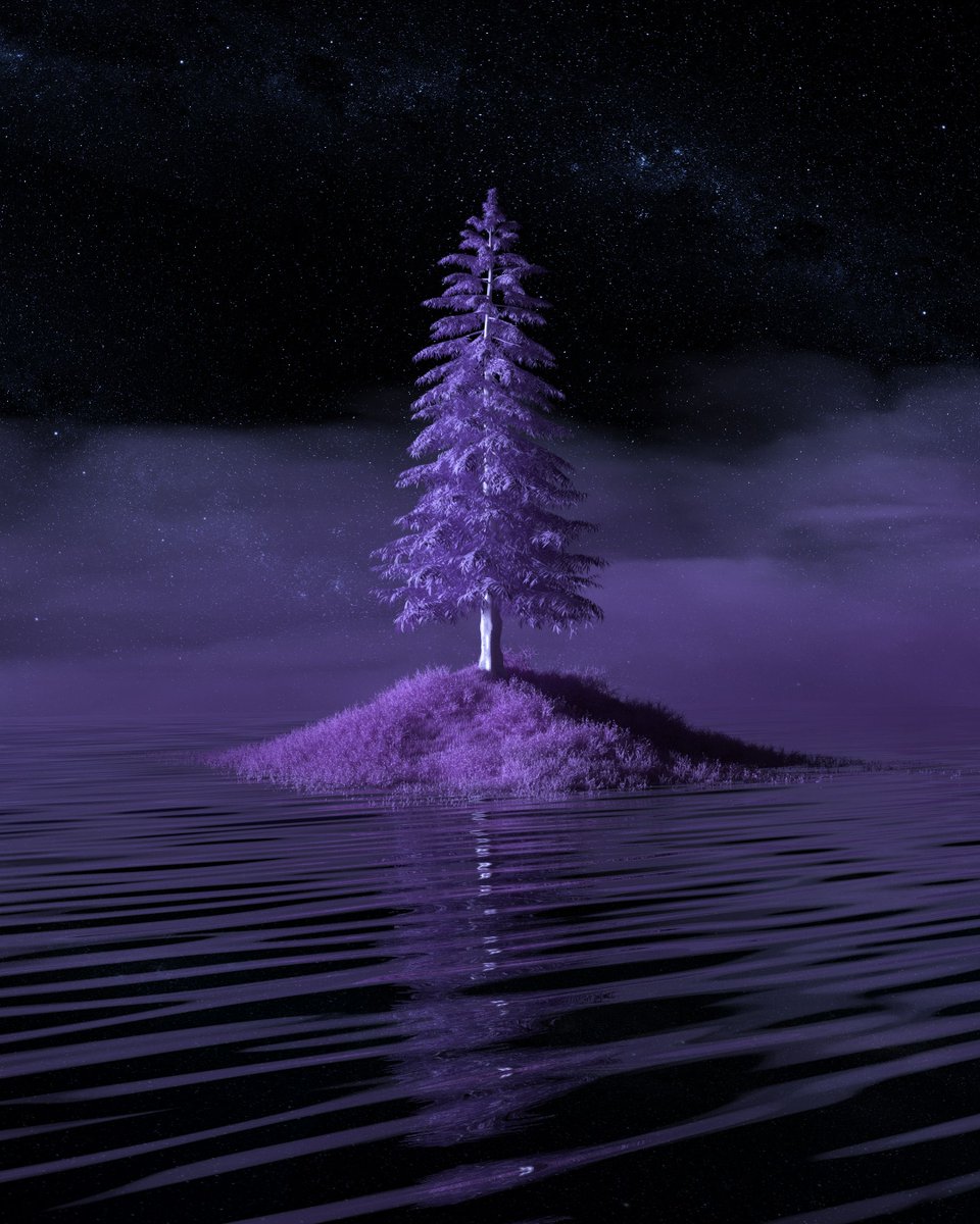 NatureHeritages's tweet photo. Pure twilight magic showcasing a glowing purple tree perfectly reflecting on calm water. #Vaporwave #FantasyLandscape #VisualArt #Natureseen #NatureHeritages https://t.co/TPnqSMBpZr