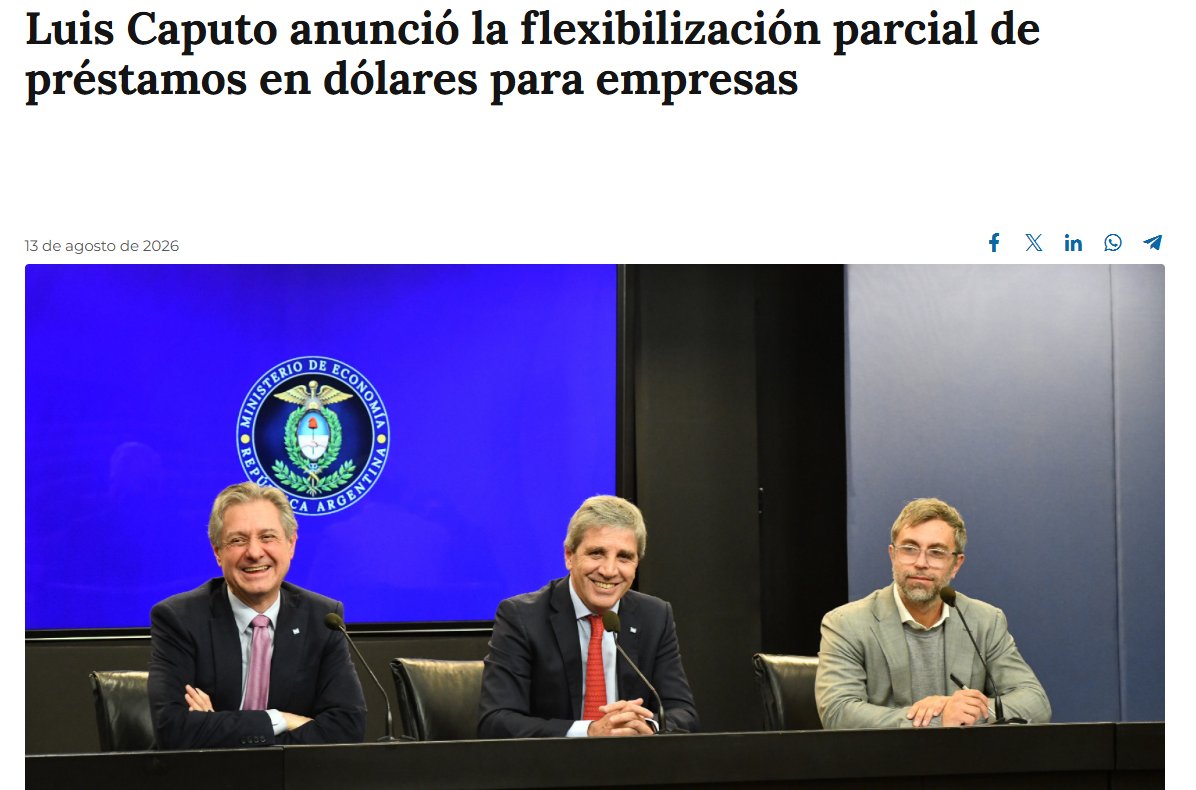 CarlosMaslaton's tweet photo. Los empresarios que ahora tomen créditos en dólares de los bancos locales, dinero recibido de los depositantes a plazo fijo, reaccionarán de alguna de estas dos maneras dentro de un tiempo cuando la relación sobrevaluada del dólar-peso vuelva a la realidad una vez caído el actual modelo de bicicleta financiera de Caputo y Milei vigente desde que asumieron: 1) Dirán que no pueden pagar porque, debido a hechos imprevisibles al contraer los préstamos, éstos se han tornado de cumplimiento imposible, entonces que el estado se debe hacer cargo de la deuda y defaultear total o parcialmente a los depositantes y ellos pagar apenas una suma simbólica en pesos para liberarse de la obligación; 2) Dirán al estado que diga que estamos frente a hechos extraordinarios que requieren intervención especial, por lo que ellos pasarán a deber una suma menor y que suma mucho menor sea reintegrada a los depositantes los que, en todo caso, sean compensados con un bono de la deuda pública a 10 años. O sea digamos, se resolverá el presente fraude bancario, dispuesto por Caputo y Milei, al estilo 1982 o al estilo 2002. Porque estamos en Argentina, el país más irresponsable y más corrupto financiero del mundo, donde los procesos están diseñados para robar y estafar al estado y al pueblo explotado. Y la Justicia? La justicia lo validará todo, por ignorancia, por conveniencia, por cometas en dinero o en especie.  Las advertencias fueron debidamente presentadas.