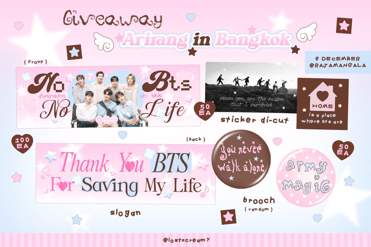 lostxcreamy's tweet photo. pls kindly rt 
giveaway bts arirang in bkk💭

slogan | sticker di-cut | brooch

♡ 🗓️ : 6 dec | 🕰️ : tba
♡ @ Rajamangala National Stadium 

rt &amp; show this tweet 
( thai army only )

🏷️ more details in mention

#BTS_WORLDTOUR_BANGKOK 
#BTS_WORLDTOUR_ARIRANG https://t.co/gGnZh0WlMe