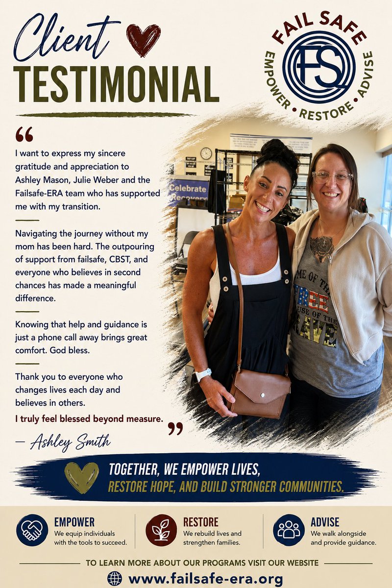 FailSafe_ERA's tweet photo. We’re grateful to Ashley Smith for sharing her powerful testimony of support, hope, and the difference it makes to know you don’t have to navigate life’s transitions alone
#FailSafeERA #SecondChances #RestoringHope #ChangingLives #CommunitySupport #RestorativeJustice #Empowerment https://t.co/CvjQnjwOyb
