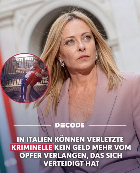 rico_brick's tweet photo. „Wenn du mich angreifst, verteidige ich mich. Warum sollte ich dir dann noch Geld zahlen?“

Mit diesem Satz hat Giorgia Meloni ein neues italienisches Gesetz verteidigt, das für viel Aufsehen sorgt. 🇮🇹

Seit der Reform kann eine Person, die bei der Begehung einer Straftat verletzt wird, keine Schadensersatzansprüche mehr gegen das Opfer geltend machen, das sich verteidigt hat. Auch Angehörige können das nicht. 💶

Die Regelung folgt auf mehrere Fälle, die die Öffentlichkeit schockiert hatten: Opfer von Einbrüchen oder Überfällen wurden später von ihren Angreifern zivilrechtlich auf Entschädigung verklagt.

Die italienische Regierung nannte diese Situation ein „Paradoxon“, das korrigiert werden musste. 🛡️

Wichtig: Das Gesetz entzieht Verurteilten nicht alle Rechte. Es gilt nur für den speziellen Fall, dass ein Straftäter durch die sich verteidigende Person verletzt wird.

Quelle: @w_dilling auf GETTR