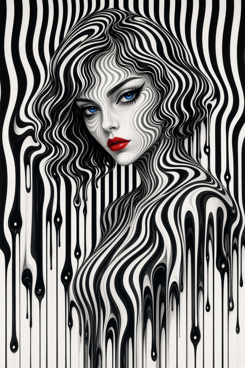 curviedebbie's tweet photo. Liquid Illusion 🖤🤍💋
Where does the woman end… and the illusion begin? 🖤🤍
Lost between flowing lines, melting shadows, and those impossible blue eyes. 💙
Look again… she might be closer than you think. 👀💋
#ArtWithoutLimits #SurrealArt #OpticalIllusion #OpArt #LiquidSurrealism #Surrealism #DigitalArt #AIArt #AIArtwork #VisualIllusion #HypnoticArt #BlackAndWhiteArt #RedLips #BlueEyes #artoftheday