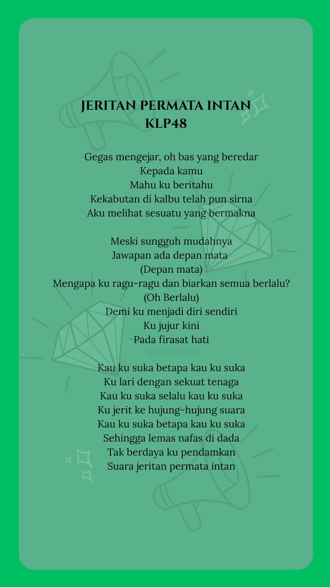 FaraDolhadi's tweet photo. Jeritan Permata Intan - KLP48 Official Lyrics
🗣️💎✨

Adli Shazwi @adlishazwi 🌻✨
REN @Ren__Oka 🦋✨

#lyricist #klp48 https://t.co/MMYDZkqWVK