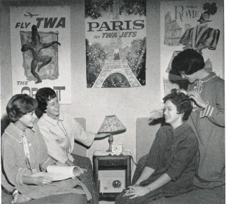 smwc's tweet photo. For this month's Legacy Lens, we look back to this photo in the 1963 yearbook. "Dee O'Donnell '63 plans to awaken bright and early to cope with the revolutionary hairdo that Elizabeth McDonald Tatarsky '63, Gail Stilwill '63 and Suzie Weiers McKay '63 have created for her." https://t.co/hBpxnAqUXE
