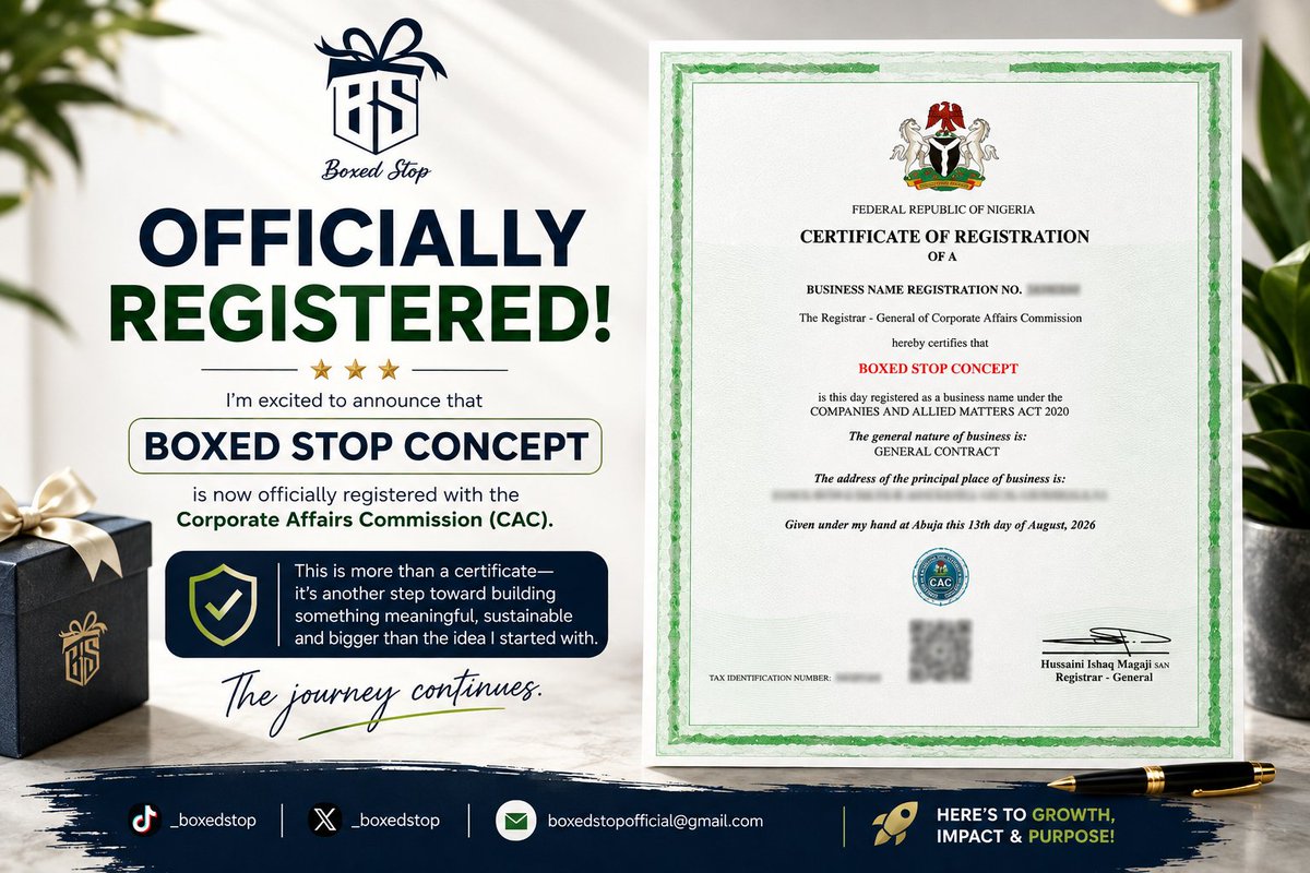 _boxedstop's tweet photo. OFFICIALLY REGISTERED! 🎉
We're excited to announce that @_boxedstop is now officially registered with the Corporate Affairs Commission (CAC).

This is more than a certificate, it is another step toward building  a meaningful and bigger brand than the idea we started with. 🥂 https://t.co/GGUFriLZ8z