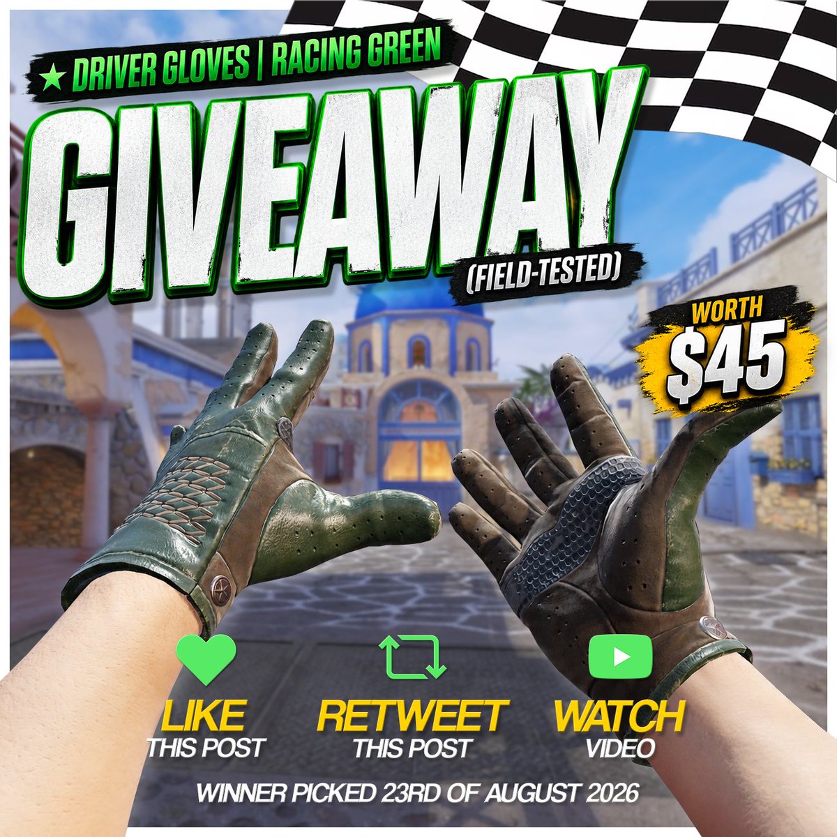shanesz's tweet photo. CS2 Giveaway - Driver Gloves | Racing Green (FT) 🎁

To Enter: 
✅ Like this Post &amp; Follow @shanesz 
✅ Retweet Post
✅ Watch Video (Pinned Comment) &amp; Reply w/ Proof

📅 Winner drawn 23rd of August 2026

Good Luck to Everyone! 🤞 https://t.co/hTzn7treSj