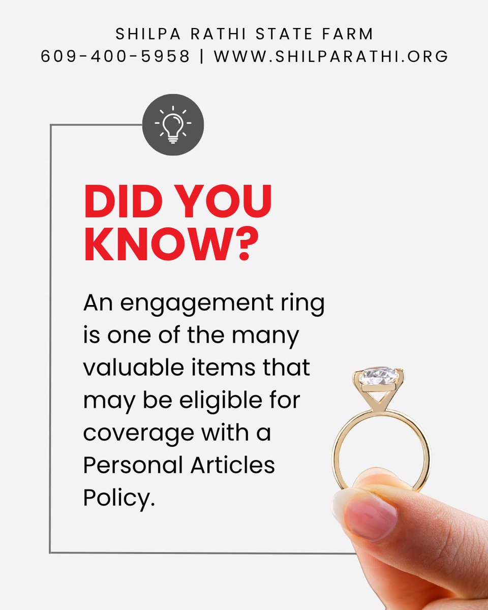 RathiFarm's tweet photo. Do you own jewelry, collectibles, or other valuable items? A Personal Articles 
Policy may help provide additional coverage for the things that matter most. Have questions in 
NY, NJ or PA? Shilpa Rathi State Farm is here to help. #PersonalArticlesPolicy #NY-NJ-PA https://t.co/G5UMsSRy16