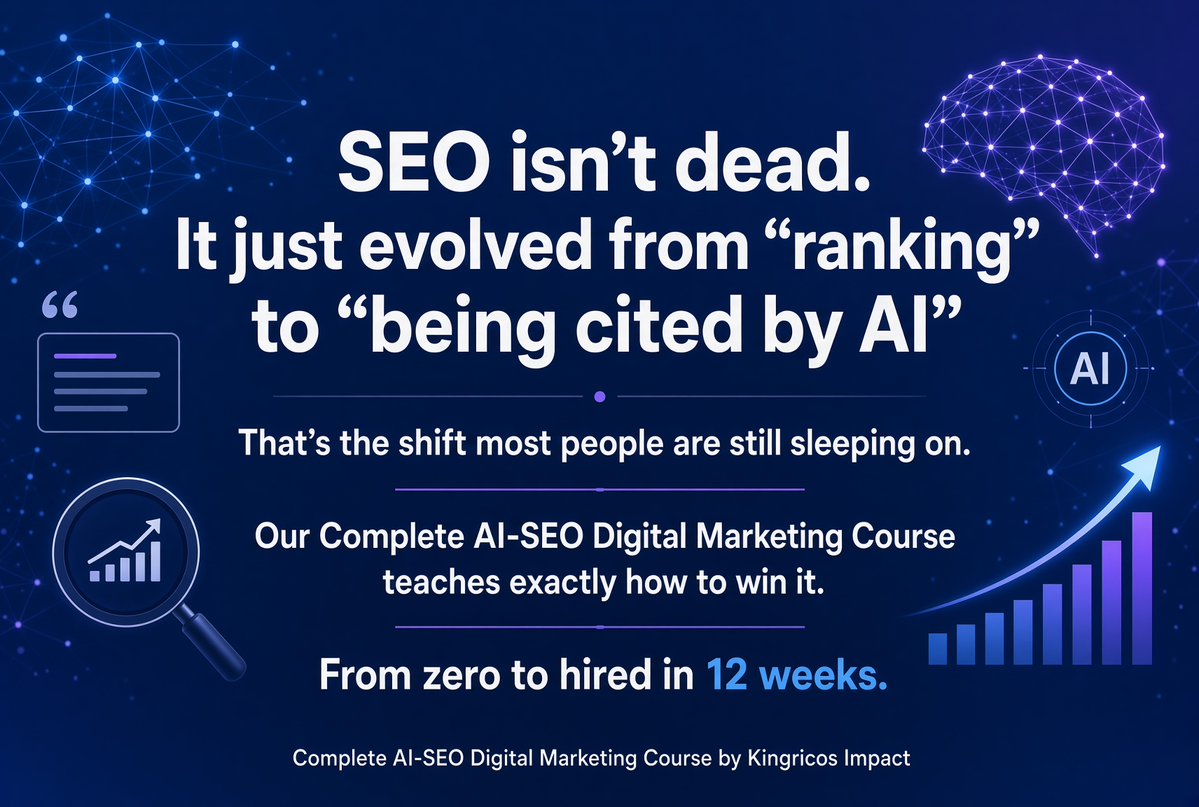 kingricos247's tweet photo. SEO isn’t dead. It just evolved from “ranking” to “being cited by AI”. That’s the shift most people are still sleeping on...
Our Complete AI-SEO Digital Marketing Course teaches exactly how to win it. 
#aiseo #getcited #DigitalGrowth #studentsdemandjustice #learn https://t.co/UJWsmXdER5