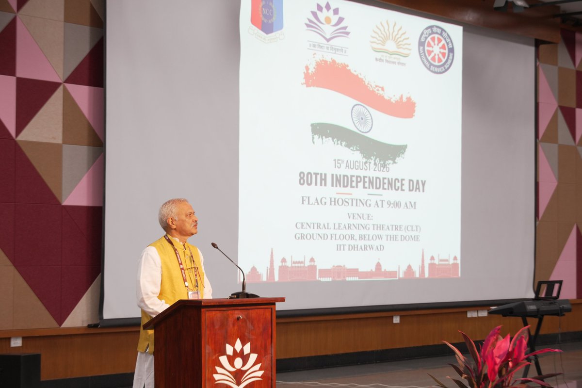 iitdhrwd's tweet photo. 80th Independence Day Celebrations at IIT DHARWAD

IIT DHARWAD celebrated the 80th Independence Day of India on 15th August 2026 at the Central Learning Theatre (CLT) with a spirit of patriotism, unity, and national pride.

The celebrations commenced with the flag hoisting by PROF. VenkappayyA R dEsAi, Director, IIT DHARWAD, followed by the National Anthem.

Addressing the gathering, PROF. VenkappayyA R. dEsAi, Director, IIT DHARWAD, extended his best wishes on the occasion and shared several messages with the campus community. He highlighted the inauguration of the Kendriya Vidyalaya IIT DHARWAD batch on the IIT DHARWAD campus and encouraged everyone to promote Sanskrit in everyday life by using simple greetings such as “Suprabhat” and “Dhanyawad.” He also informed the gathering about Bharatiya Traditional Knowledge Systems (BTKS 2026), scheduled for September 2026, and highlighted the importance of the Indian Knowledge System. Speaking about VRIKSHA NAKSHATRA, he explained the significance of trees, planetary positions, and their importance to the environment. Addressing the Kendriya Vidyalaya teachers and parents, he encouraged them to nurture good habits among children and foster a culture of cleanliness from an early age.   

The programme featured inspiring speeches by IIT DHARWAD and Kendriya Vidyalaya IIT DHARWAD students in Kannada, Hindi and English, followed by patriotic songs by the Rhapsody Club, IIT DHARWAD.

The celebrations also included a fancy dress presentation by Class 1 and Class 2 students of Kendriya Vidyalaya IITDHARWAD, an individual classical dance performance and vibrant patriotic and group dance performances by students of Kendriya Vidyalaya IIT DHARWAD and the Sapphire Club, IIT DHARWAD.

The celebrations brought together IIT DHARWAD faculty members, students and staff, along with Kendriya Vidyalaya IIT DHARWAD teachers, children and parents, in a memorable tribute to the spirit of freedom and the nation. 

Jai Hind!

#IITDharwad #IndependenceDay2026 #80thIndependenceDay #JaiHind #AzadiKaAmritMahotsav #Patriotism #NationBuilding #CampusLife #KendriyaVidyalaya #StudentLife
