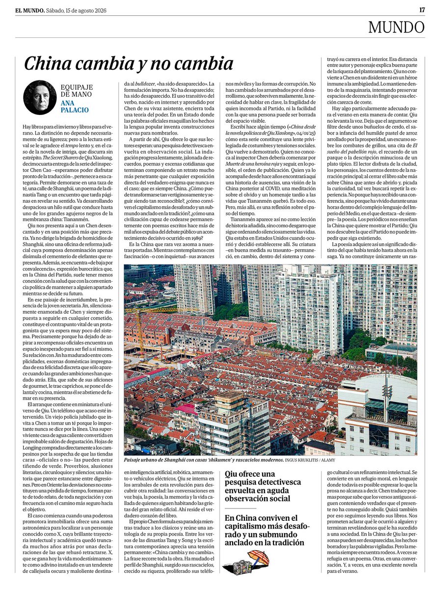 BaturrilloSUB's tweet photo. 🇨🇳‼️ Nuevo Equipaje de Mano de @anapalacio, una China que «cambia y no cambia»: modernidad, capitalismo y tradición conviven bajo un sistema donde los hechos incómodos se borran y las palabras se vigilan. Una reflexión a partir de The Secret Sharers, de Qiu Xiaolong. 
👉 El Mundo https://t.co/u2TJVOIqvI