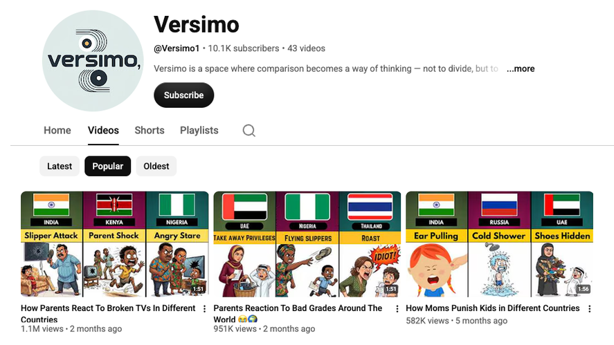 theartofyoutube's tweet photo. AOY NICHE DISCOVERY! 📣 Versimo

Humorously explores cultural stereotypes by doing side-by-side AI-generated comparisons of how people from different countries react to everyday situations.

Channel stats 📊
→  Subscribers: 10.1K
→  Total views: 3.6M
→  Videos uploaded: 43
→  RPM: $2.50
→  Earnings: $9k+

3 Niche Bends:

1. Wedding Traditions:
"How Couples React To Wedding Costs In Different Countries"

2. Birthday Celebrations:
"How Families Celebrate Birthdays In Different Countries"

3. Job Interview Culture:
"How Employers React To Late Candidates In Different Countries"
