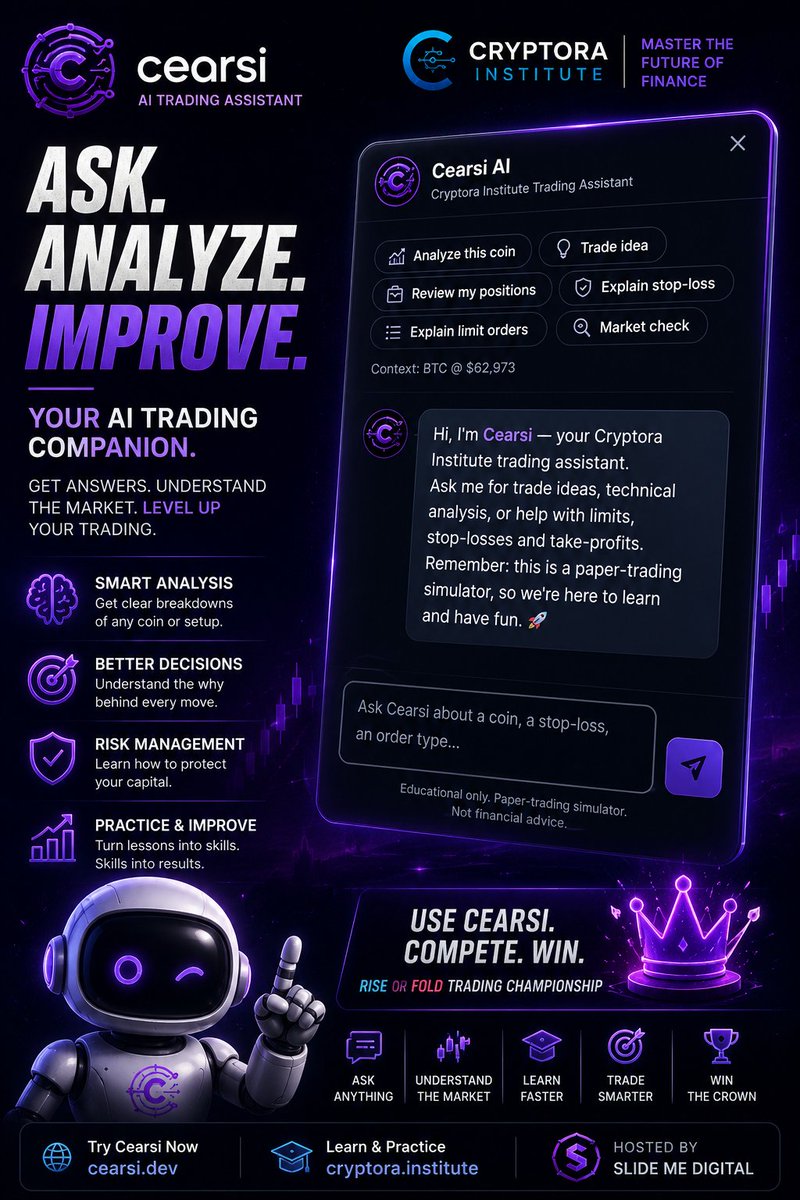 learn_cryptora's tweet photo. Trading harder isn't always the answer.

Learning smarter is. 🧠

Cearsi helps you ask the questions that make you better:

“What happened?”
“Why did it happen?”
“What could I have done differently?”

Then put that knowledge to work in the Rise or Fold Trading Championship. 👑

🏆 150 XRP
💎 75,000 SLD
📅 Aug 14–31

🤖 https://t.co/McswGG27LL
🎓 https://t.co/HjsaABnE6R
🔥 @Slidemedigital 

Learn. Practice. Compete. Improve.
#Cearsi #RiseOrFold #Trading #Crypto