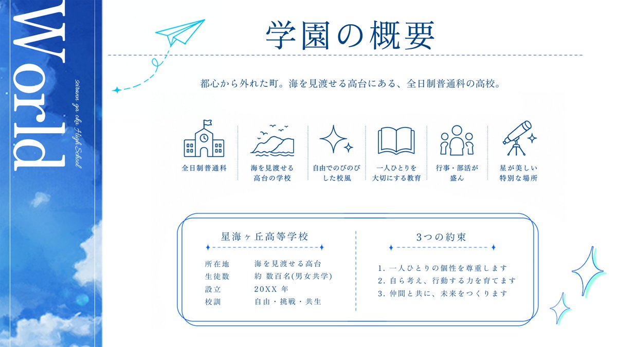 siki_TL's tweet photo. ⚠こちらは募集ポストではありません

「ねぇ、流星の約束って知ってる？」

────────────
創作企画『星海ヶ丘高校』
────────────

✧世界観共有型
✧一定数のフォロワーで開催予定
✧学園×青春×3L

#創作企画
#一次創作企画
#せいかい_公式 https://t.co/xF0mOzVN26