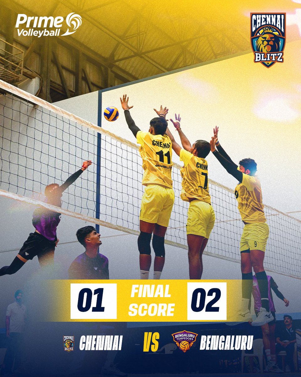 ChennaiBlitz's tweet photo. A hard-fought battle till the very last point! 💪⚡
Chennai Blitz 01 – 02 Bengaluru Torpedos🏐

We’ll come back stronger.
Onward to the next match! 🏐🔥
#chennaiblitz #guardianstrophy #primevolleyball #u21volleyball #blitzarmy https://t.co/4yE46iMZug