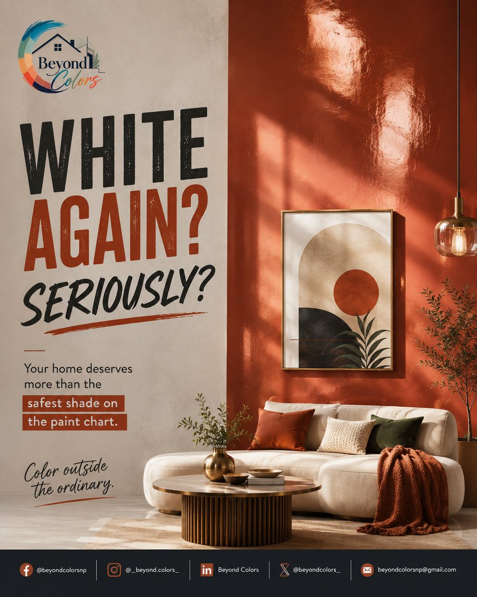 beyondcolors_'s tweet photo. WHITE AGAIN? SERIOUSLY?

Your home isn't a hospital.
Your walls don't need to play it safe. 😏

Choose color. Choose character.
Choose Beyond Colors.

🎨 Color outside the ordinary.

#beyondcolorsnp #colorinspiration #colorpalette #interiorinspiration #interiordesignideas https://t.co/wvu75UOopA