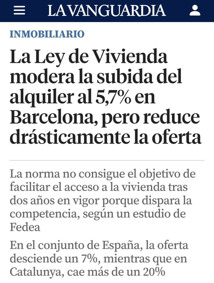 seibur_'s tweet photo. Els "preus moderats" de les zones tensionades són un miratge.

La mitjana baixa perquè desapareixen els pisos de qualitat: els propietaris deixen de reformar-los perquè no poden recuperar la inversió. A més, els topalls no distingeixen prou entre un pis de luxe, reformat i moblat, i un pis buit i pendent de reformar.

El resultat és absurd: un pis gran i acabat pot tenir gairebé el mateix preu que un cau petit, fosc i sense reformar.

Així s’enfonsa l’oferta de qualitat i el llogater acaba pagant el mateix —o més— per un habitatge pitjor.

La regulació no ha abaratit l’habitatge. L’ha empitjorat.