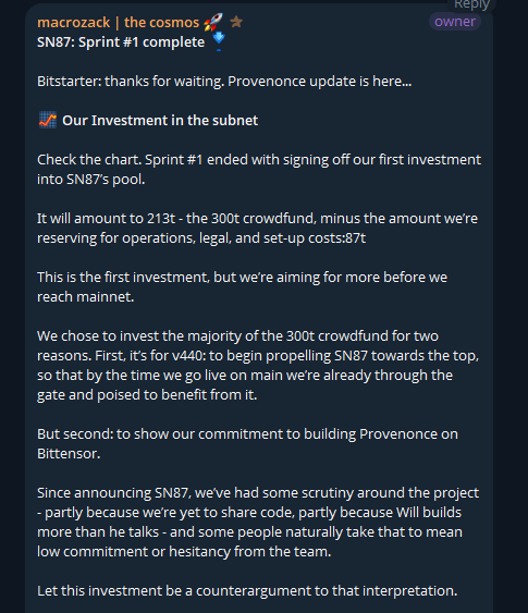 Taonet_daily's tweet photo. SN87 @provenonce_ai is serious and determined about the future of their subnet🔥
$TAO investment into Provenonce No. 1
@macrozack via Bittensor TG: https://t.co/OgME4a8M3c
