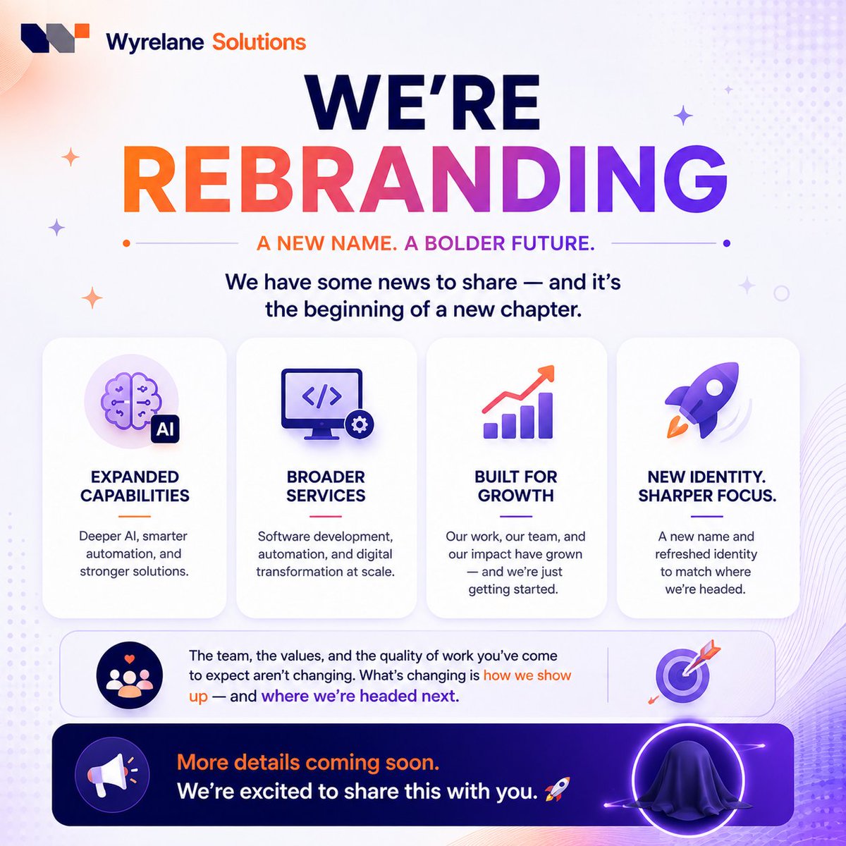 wyrelanesol's tweet photo. Big changes coming at Wyrelane Solutions.

New name. New identity. More AI-focused. Same team, bigger vision.

Announcement coming soon 👀

#Rebrand #ComingSoon #AI #SoftwareDevelopment https://t.co/iuk09RkeWY