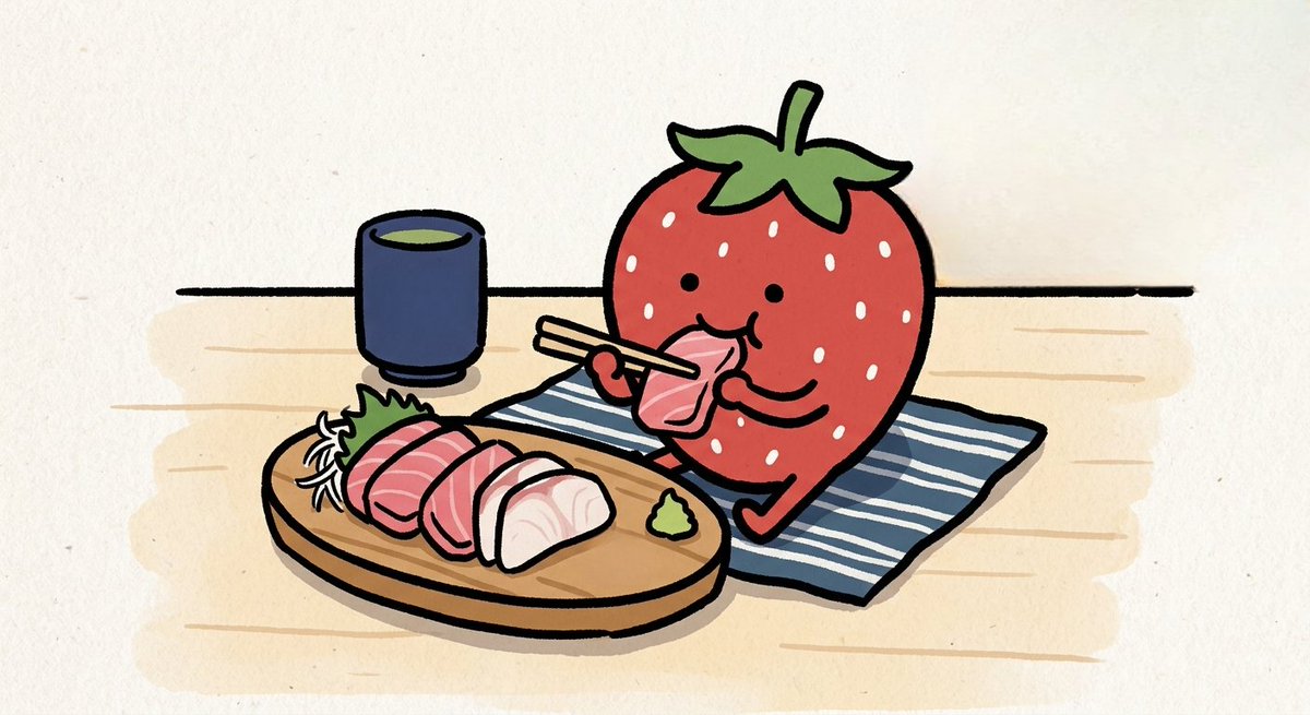 venom3390's tweet photo. 今日はいちご🍓の日と刺身の日！

いちごちゃんが刺身を頬張ってます🍵

#ゆるいイラスト
#イラスト
#今日は何の日ㅤㅤㅤ 
#刺身
#いちご https://t.co/EdTluKl21L