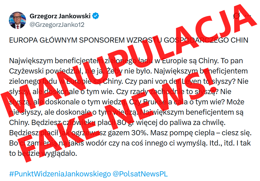 robert900r's tweet photo. Przepis redaktora Jankowskiego na wieczorny pasek grozy - weź jeden realny problem, a potem utop go w oceanie publicystycznego science-fiction :)

Rozłóżmy ten spektakl manipulacji i fake newsów na czynniki pierwsze:

1. "Europa jest głównym sponsorem Chin"
Chińska dominacja w fotowoltaice i magazynach to fakt. Tyle że chiński boom w clean-tech napędzają głównie ich własne gigainwestycje (ponad 600 mld USD rocznie) i globalny rynek, a nie "unijna łaskawość". Prawdziwa ironia polega na tym, że alternatywą dla jednorazowego zakupu technologii z importu jest… wieczne wydawanie przez UE 340 mld euro ROCZNIE na import ropy i gazu!
OZE oznacza w dużej części zakup urządzeń, które później produkują energię przez wiele lat.

2. "Ogrzewasz gazem? Płacisz 30% więcej!"
Klasyczny trik - weźmy maksymalny pułap modelowanego dla różnych państw zakresu 10-30%, pomińmy niepewność przyszłej ceny ETS2, różnice między krajami, mechanizmy osłonowe i możliwość ograniczenia zużycia przez termomodernizację, po czym ogłośmy widzom, że ogrzewający gazem dostaną z automatu cenę wyższą o 30% 🤡 

3. "Masz pompę ciepła? Zamienią ci na jakiś wodór!"
To już czysta fantazja! Bruksela traktuje pompy ciepła jako filar ogrzewania budynków, ponieważ są kilkukrotnie bardziej efektywne od jakiegokolwiek spalania. Wodór jest przewidziany dla przemysłu ciężkiego (hutnictwo, chemia) oraz transportu wielkogabarytowego, a nie do zasilania domowych grzejników! Nie istnieje żaden unijny plan wymiany domowych pomp ciepła na wodór. Polityka UE zakłada dokładnie odwrotny kierunek - zwiększanie liczby pomp ciepła.

A teraz koszty, które w tej narracji całkowicie znikają: zanieczyszczenie powietrza i skutki zmiany klimatu.

a) Zanieczyszczenie powietrza zabija w Polsce przedwcześnie nawet 40 tys. osób rocznie. Koszty są gigantyczne! Bank Światowy oszacował ekonomiczny koszt skutków zdrowotnych zanieczyszczenia PM 2.5 w Polsce na 6 do 8% PKB. Nowsze badanie Bruegla dawało jeszcze wyższe oszacowanie - nawet 13% PKB w latach 2014-2020! [1]

b) Koszty ekstremów klimatycznych - bezpośrednie straty z powodu susz, nawałnic i powodzi kosztują Polskę średnio ok. 6 mld zł rocznie [2]
Sama powódź z września 2024 kosztowała nas ok. 13 mld zł, a w scenariuszu niedokończonej transformacji koszty gospodarcze skutków zmiany klimatu dla Polski mogą w 2050 sięgnąć nawet 124 mld zł ROCZNIE, wobec 84 mld zł przy kontynuacji obecnych wysiłków [3]