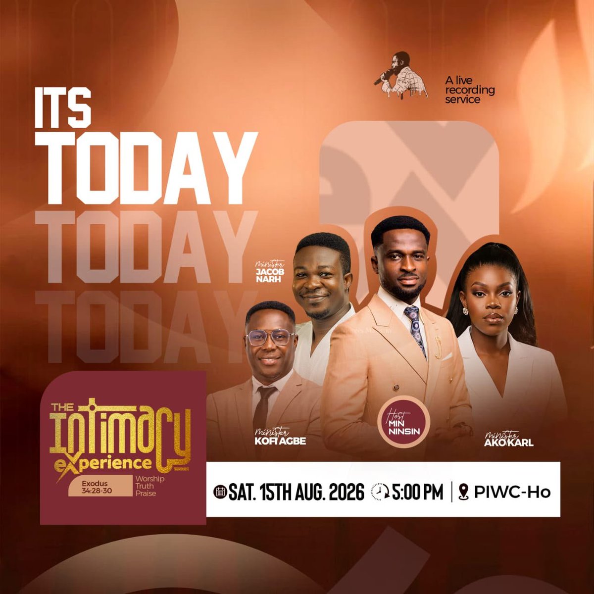 korsi_prosper's tweet photo. *TODAY is the day!*

The Intimacy Experience with Min Ninsin is happening live!!

Join us at PIWC-Ho, 5:00PM. 

Don't miss out on this life-changing live recording. We're ready! Are you? ✝️✨

#TheIntimacyExperience #NinsinsMinistry
#YesLord https://t.co/aEtjn1D1tF