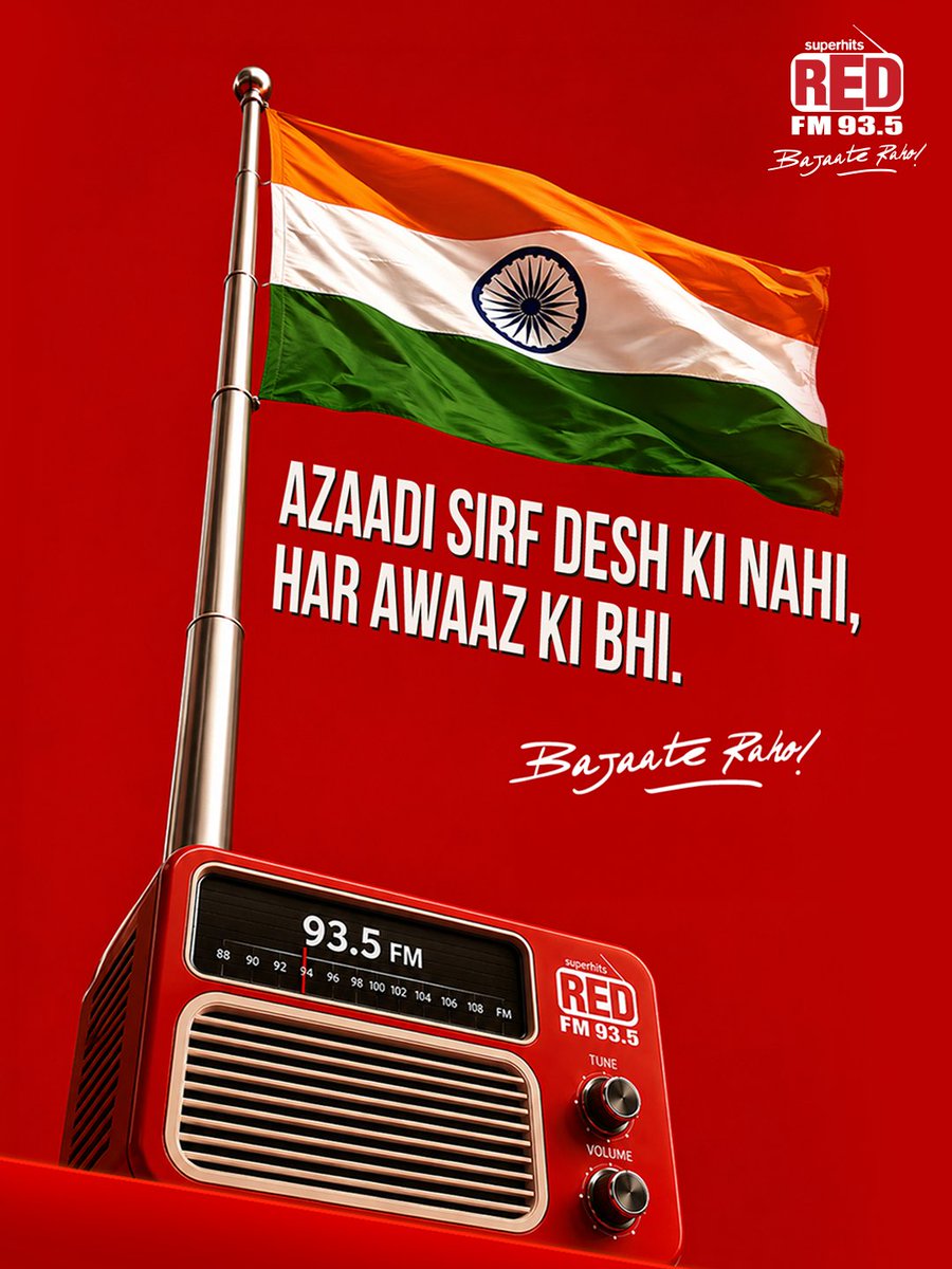 RedFMIndia's tweet photo. Desh ki azaadi se lekar har dil ki awaaz tak, India keeps moving, speaking and changing. 🇮🇳

Happy Independence Day from Red FM.

#RedFM #IndependenceDay #Azaadi #BajateRaho https://t.co/eCnEC9Easu