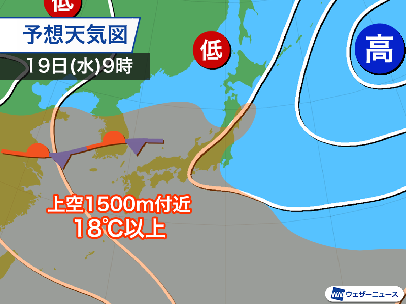 17日から20日の最高気温予想図。西日本から東海が赤く塗られている