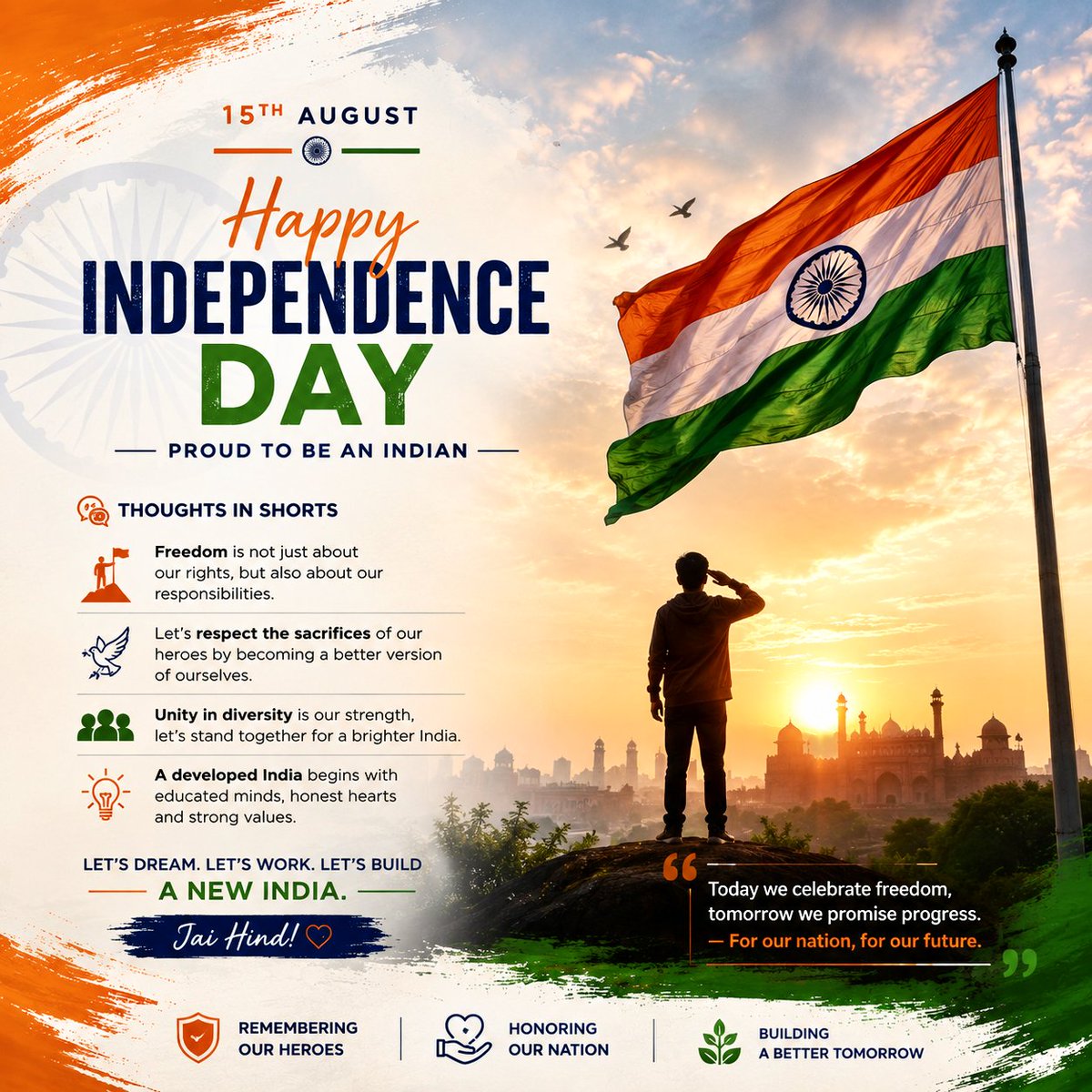 trendywix's tweet photo. 🇮🇳 Happy Independence Day! 🇮🇳

Freedom is not just a right, it’s a responsibility.
Let’s honour the sacrifices of our heroes, stay united, and work towards a stronger, better India.
Proud to be Indian. ❤️🤍💚

Jai Hind! 🇮🇳
#IndependenceDay #15August #JaiHind #ProudIndian https://t.co/T2fZHls4Vd