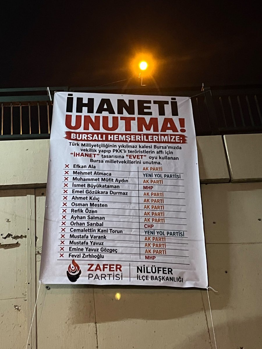 DailyTurkst's tweet photo. Zafer Partisi Bursa Nilüfer İlçe Başkanlığı, Çerçeve Yasa’ya ‘Evet’ diyen Bursalı milletvekillerine tepki gösterdi. https://t.co/I3IuwDMLFD