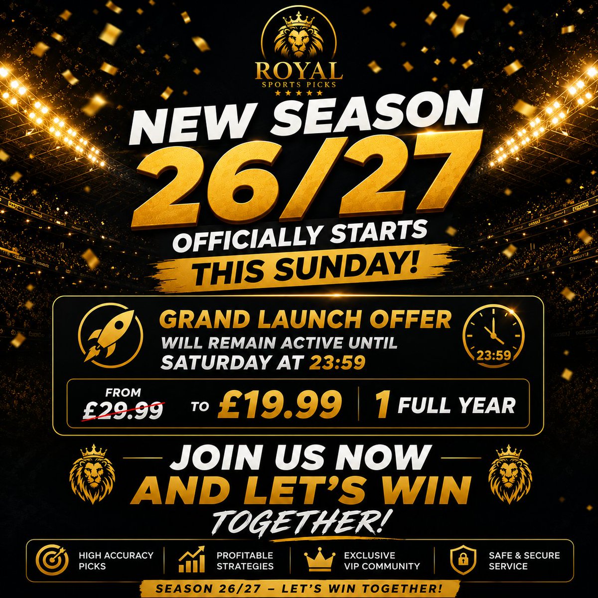 RSPicksX's tweet photo. ROYAL SPORTS PICKS — SEASON 26/27 

LAST DAY OF THE OFFER ⏳️ 

Get 1 FULL YEAR of Royal Sports Picks VIP for just

£19.99 from £29.99

Join link above ⬇️⬇️⬇️⬇️⬇️⬇️

https://t.co/qYxv9RdlRx

⏰ Offer ends tonight at 23:59!

Don’t miss your chance to join us from Day 1 and be part of the journey throughout the entire new season

Let’s make Season 26/27 our biggest one yet.

#RoyalSportsPicks #Season2627 #SportsPicks #VIP #GrandLaunch