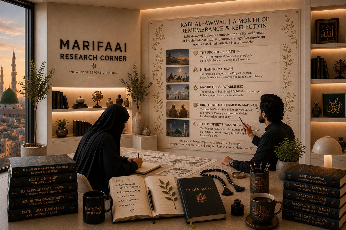 MarifaAiX's tweet photo. 🌙 Rabi al-Awwal | Remembrance &amp; Reflection

A month deeply connected to the Seerah of Prophet Muhammad ﷺ — his birth, Hijrah, Masjid Qubāʾ, the brotherhood of Madinah, and his passing.

#RabiAlAwwal #MarifaAI #Seerah #islam #history 

https://t.co/nMdCjDH5WQ https://t.co/XZ7l4L2ALz