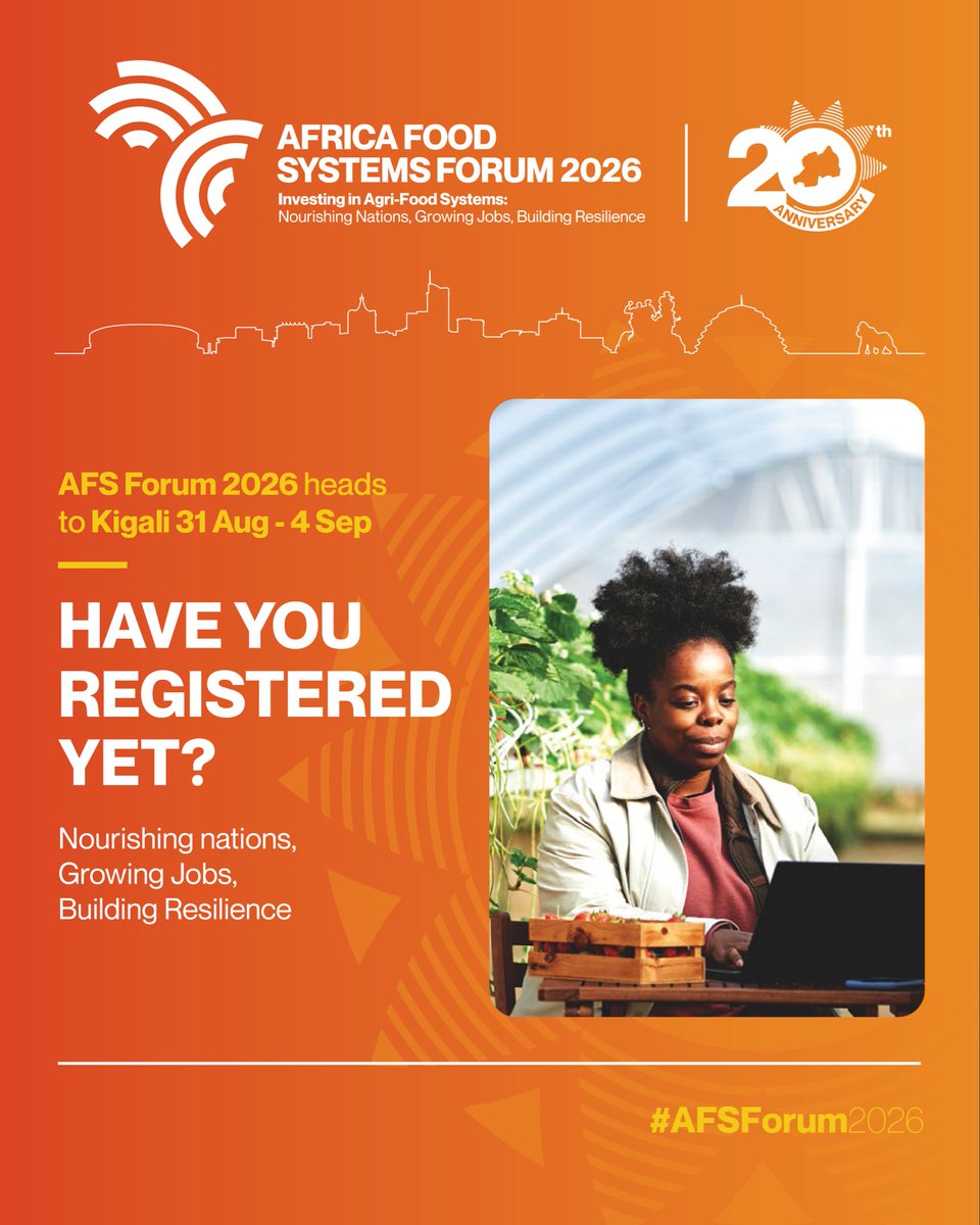 TheAGRF's tweet photo. Gearing up for #AFSForum2026, and we can't wait to gather in the breathtaking city of Kigali, Rwanda from 31st Aug to 4th Sep!

Celebrating 20 years of impact, this year’s summit is all about "Investing in Agri-Food Systems: Nourishing Nations, Growing Jobs, Building Resilience." Whether you're an innovator, investor, policymaker, or agripreneur, this is the place to shape Africa's sustainable agricultural future.

So... HAVE YOU REGISTERED YET?

Don't wait until the last minute—secure your spot today and join the movement!

Kigali, Rwanda

31 Aug – 4 Sep 2026

Register now: https://t.co/I392mlPqzY

#AFSForum2026