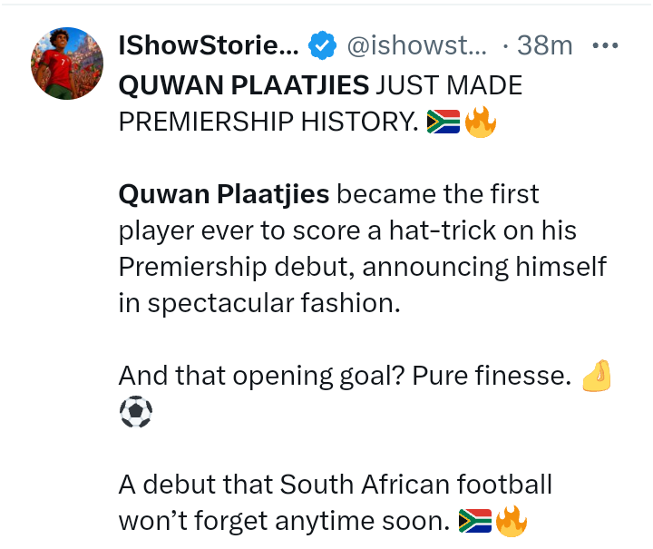trendingblog247's tweet photo. Quwan Plaatjies is Trending in South Africa because the Stellenbosch FC forward is receiving rave accolades for making Premier Soccer League history as the first player to score a hat-trick on his professional top-flight debut.

The 20-year-old forward led his team to a 3-1 victory against Marumo Gallants at Athlone Stadium on Friday, 14 August.
HN