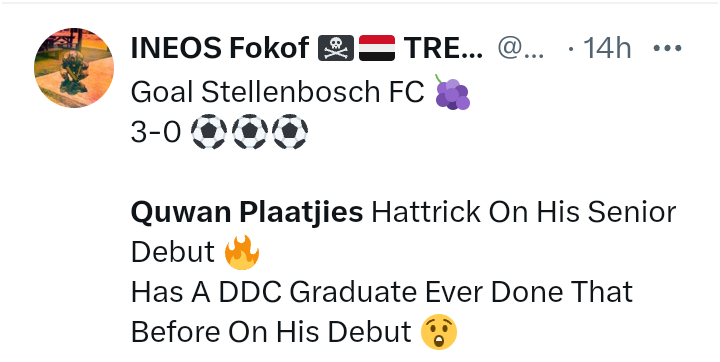 trendingblog247's tweet photo. Quwan Plaatjies is Trending in South Africa because the Stellenbosch FC forward is receiving rave accolades for making Premier Soccer League history as the first player to score a hat-trick on his professional top-flight debut.

The 20-year-old forward led his team to a 3-1 victory against Marumo Gallants at Athlone Stadium on Friday, 14 August.
HN