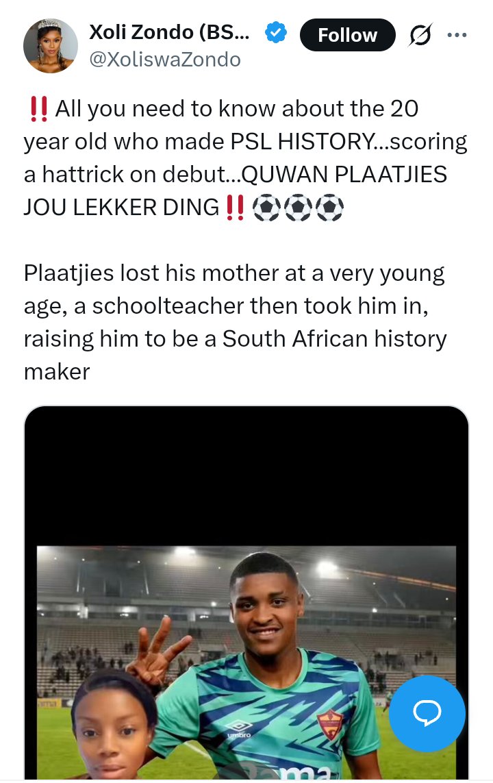 trendingblog247's tweet photo. Quwan Plaatjies is Trending in South Africa because the Stellenbosch FC forward is receiving rave accolades for making Premier Soccer League history as the first player to score a hat-trick on his professional top-flight debut.

The 20-year-old forward led his team to a 3-1 victory against Marumo Gallants at Athlone Stadium on Friday, 14 August.
HN